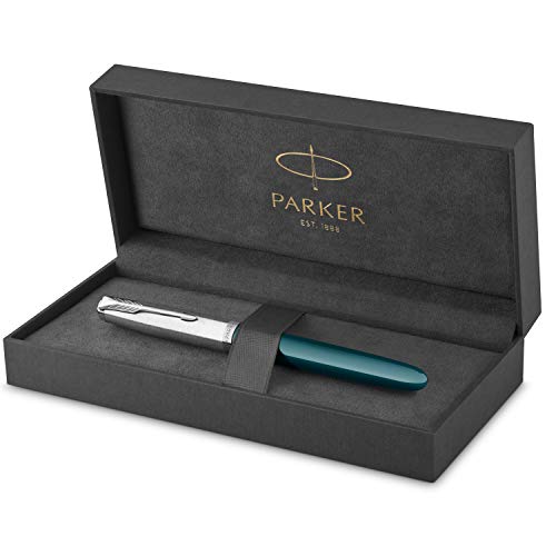 Parker 51 Füller | Petrolblauer Schaft mit Chromfarbenen Zierteilen | Füllfederhalter mit mittlerer Feder und schwarzer Tintenpatrone | Geschenkbox von PARKER