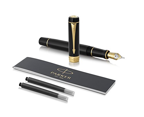 Parker Duofold Classic Füller | Schwarz mit goldbeschichteten Zierteilen | Größe Centennial | Füllfederhalter mit feiner Feder aus Massivgold | schwarze Tinte und Konverter | Geschenkbox von PARKER