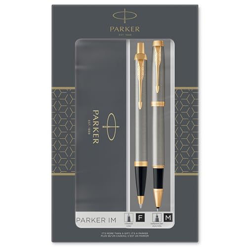 Parker IM Duo-Geschenkset mit Kugelschreiber & Tintenroller | Brushed Metal mit Goldzierteilen | Nachfüllen schwarz | Geschenkbox Parker IM Duo-Geschenkset mit Kugelschreiber & Tintenroller | Brushed Metal mit Goldzierteilen | Nachfüllen schwarz | Geschenkbox von PARKER