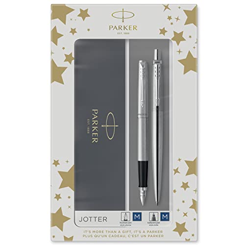 Parker Jotter Duo-Geschenkset mit Kugelschreiber und Füller | Edelstahl mit Chromzierteilen | Nachfüllmine und -patronen mit blauer Tinte | Geschenkbox von PARKER