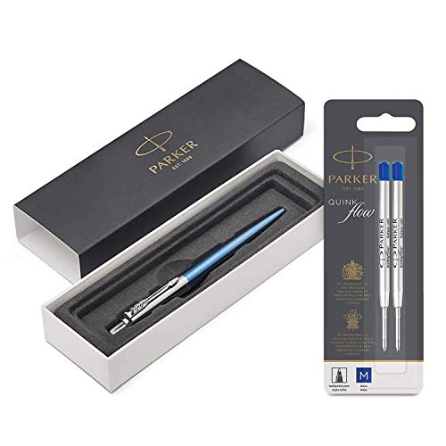 Parker Jotter Waterloo Blue C.C. - Kugelschreiber + Parker 1950373 Quinkflow Nachfüllmine für Kugelschreiber mit mittlerer Spitze, 2er Packung, blau von PARKER