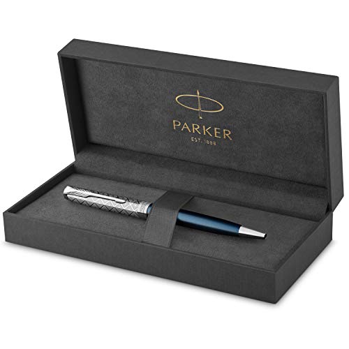 Parker Sonnet Kugelschreiber , Premium Metal & Blue Satinierung mit Chromverkleidung , Medium Spitze mit schwarzer Tinte Nachfüllen , Geschenkbox von PARKER