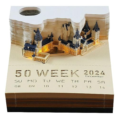 3D-Notizblock, 2024 Tischkalender-Notizblock, 3D-Magic Castle-Wochenkalender mit Licht und Stifthalter, 3D-Kunst, kreatives Papierskulptur-Bastel-DIY-Geschenk (Kalender 2024) von PARREN