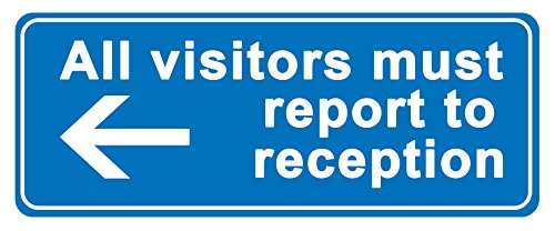 4 x Aufkleber mit Aufschrift "All visitors must report to reception" (Pfeil links) – Informationsschild abnehmbar, selbstklebend, wasserfest, langlebig, Vinyl, 225 mm x 106 mm von PARTY DECOR