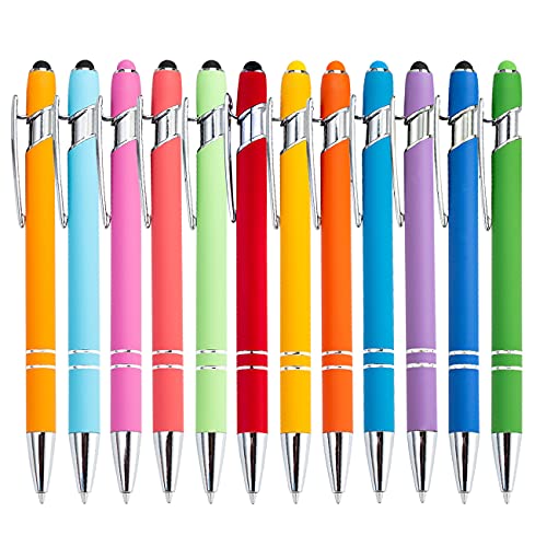 PASISIBICK 12 Stück Regenbogen gummierter Soft Touch Kugelschreiber mit Eingabestift, stilvoll, Premium-Metallstift, schwarze Tinte, mittlere Spitze (12 Stück) von PASISIBICK