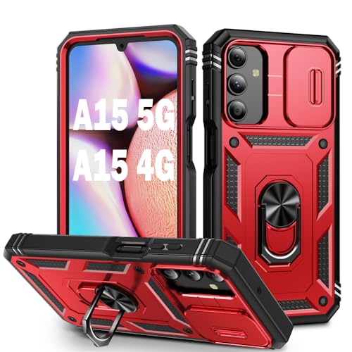 PASNEW Schutzhülle für Galaxy A15 5G, 360°-Ständer, Kamera-Abdeckung, militärisch, strapazierfähig, stoßfest, Hartschalen-Schutzhülle für Samsung A15 4G, 16,5 cm (6,5 Zoll), Rot von PASNEW