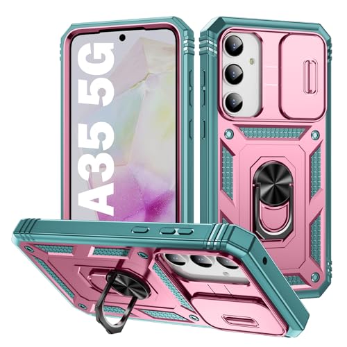 PASNEW Schutzhülle für Samsung Galaxy A35, drehbarer Ringständer und Objektivkamera-Abdeckung, militärische Qualität, strapazierfähig, stoßfest, für Samsung A35, 16,8 cm (6,6 Zoll), Rosa/Grün von PASNEW