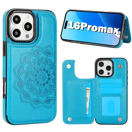 PASNEW Schutzhülle für iPhone 16 Pro Max mit Kartenhalter, Blumen-Lederrückseite, Flip-Schutzhülle für iPhone 16Promax, 17,5 cm (6,9 Zoll), Blau von PASNEW