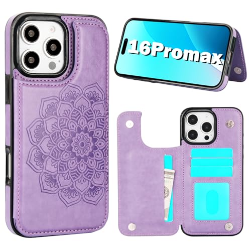 PASNEW Schutzhülle für iPhone 16 Pro Max mit Kartenhalter, Blumenmuster, PU-Leder, Ständer, Kartenfächer, Schutzhülle für Damen, 17,5 cm (6,9 Zoll), Violett von PASNEW