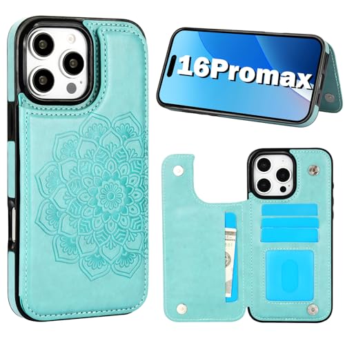 PASNEW Schutzhülle für iPhone 16 Pro Max mit Kartenhalter, Premium-Blume, PU-Leder, Rückseite, stoßfest, Schutzhülle für 16 Promax, 17,5 cm (6,9 Zoll), Grün von PASNEW