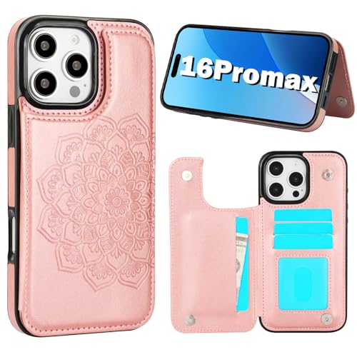 PASNEW Schutzhülle für iPhone 16 Pro Max mit Kreditkartenfächern, 2025 Premium-Schutzhülle mit geprägter Blume, für 16 Promax, stoßfeste Schutzhülle für Damen, 17,5 cm (6,9 Zoll), Roségold von PASNEW