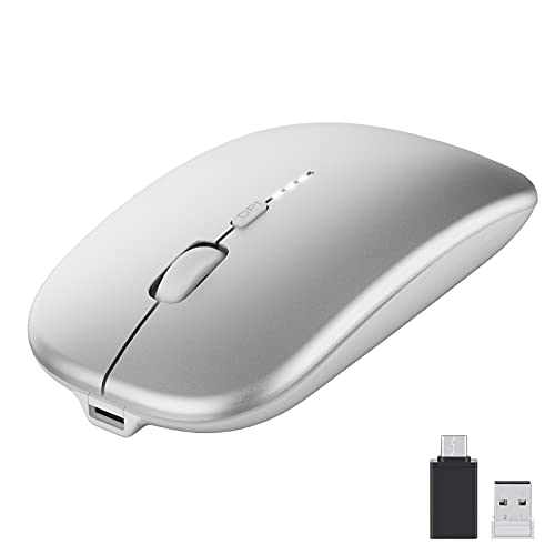 PASONOMI Kabellose Maus 2.4 GHz Silent Funkmaus, 1600 DPI Wireless USB Maus mit Nano Empfänger für Links- und Rechtshänder, PC/Mac, Microsoft Pro, Office Home, Akkuladestand sichtbar (Silver) von PASONOMI