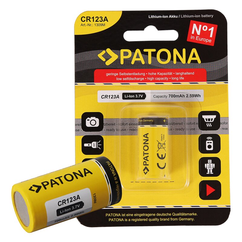 10x PATONA Li-Ion 3,7V Akku CR123A 16340 Zelle 700mAh 2,59Wh von PATONA