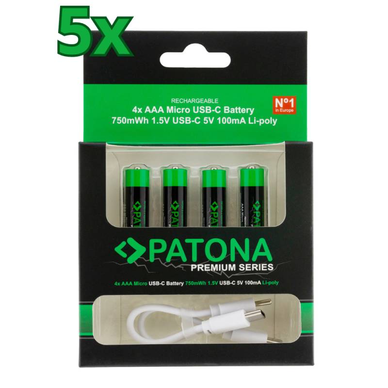 20x PATONA Premium USB-C AAA Akkus Lithium 1.5V 750mWh (5x 4er Blister) von PATONA
