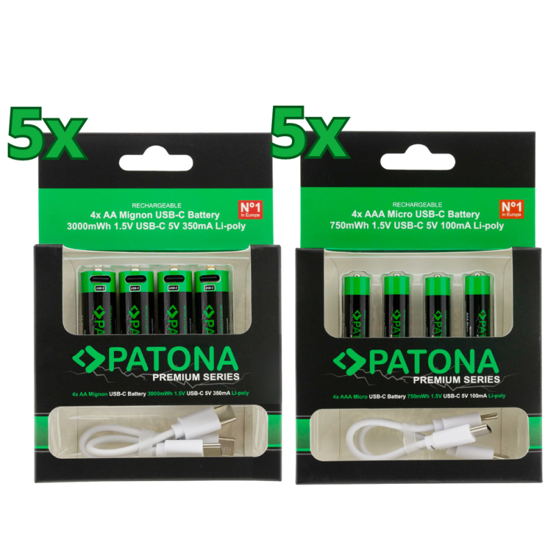 40x PATONA Premium USB-C AAA und AA Akkus Lithium (10x 4er Blister) von PATONA