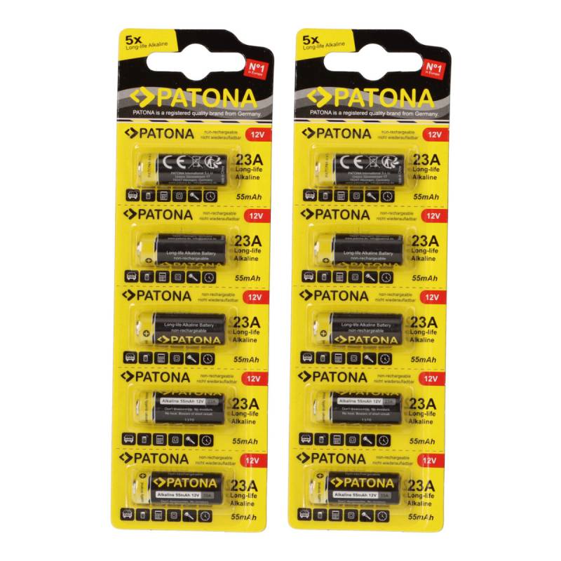 PATONA 10x (2x5 Stück) 12V 23A 23GA MN21 Spezialbatterie für Garagentoröffner, Fernbedienungen, Alarmsysteme, Bluetooth-Headset etc. kompatibel mit MN21,V23GA, 3LR50, LRV08, 8LR932, L1028 von PATONA