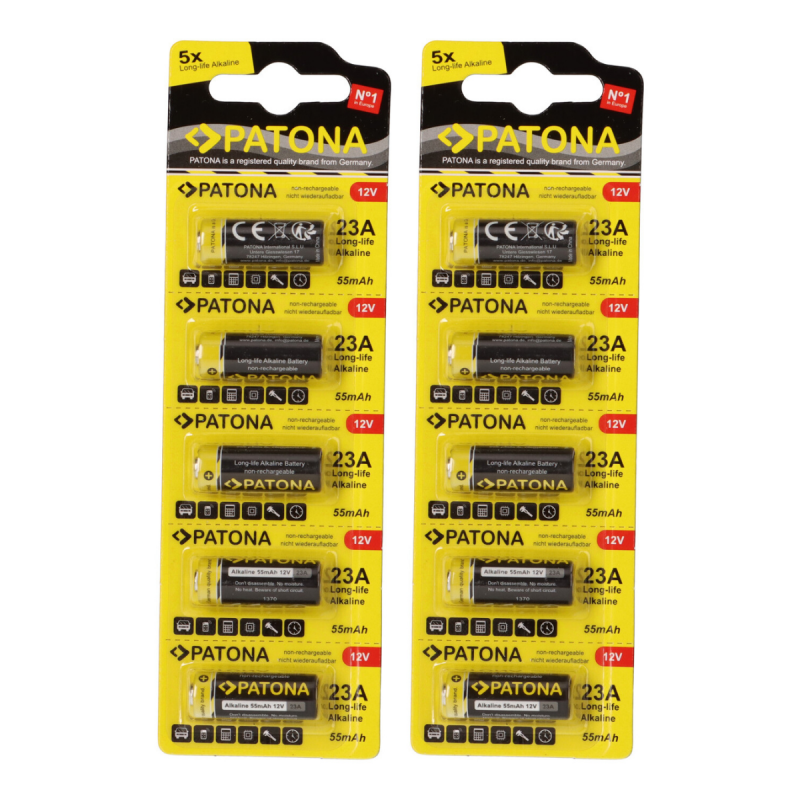 PATONA 10x (2x5 Stück) 12V 23A 23GA MN21 Spezialbatterie für Garagentoröffner, Fernbedienungen, Alarmsysteme, Bluetooth-Headset etc. kompatibel mit MN21,V23GA, 3LR50, LRV08, 8LR932, L1028 von PATONA