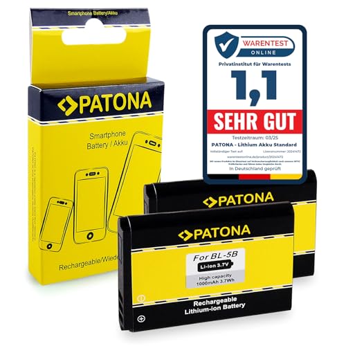 PATONA 2X Akku Ersatz für Nokia BL-5B BL5B Batterie Kompatibel mit Nokia 3220 5070 5140 5200 5300 5500 6020 6070 6080 6120 6124 7260 7360 von PATONA