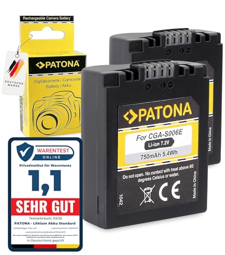 PATONA 2X CGA-S006 E Akku 750mAh Ersatzakku kompatibel mit Panasonic Lumix DMC-FZ7 FZ8 FZ18 FZ28 FZ30 FZ35 FZ38 FZ50 DMC FZ 7 8 18 28 30 35 38 50 Leica V-Lux Lux 1 CGAS006E CGA CGR S006E S006 E PATONA 2X CGA-S006 E Akku 750mAh Ersatzakku kompatibel mit Panasonic Lumix DMC-FZ7 FZ8 FZ18 FZ28 FZ30 FZ35 FZ38 FZ50 DMC FZ 7 8 18 28 30 35 38 50 Leica V-Lux Lux 1 CGAS006E CGA CGR S006E S006 E von PATONA