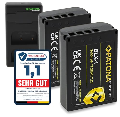PATONA 2X Protect BLX-1 Akku 2400mAh mit USB-C Ladegerät PD Performance Kompatibel mit Olympus OM-1 OM1 OM-3 OM3 BLX1 BL-X1 BL X1 BLX 1 Ersatzakku hitzeresistent & feuerhemmend, mit NTC-Sensor von PATONA