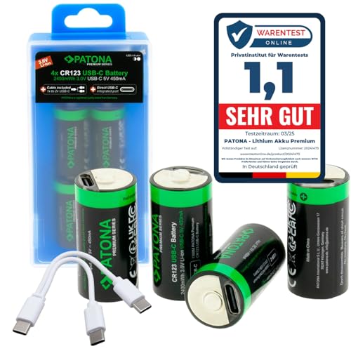 PATONA 4X USB-C Premium CR123A Akkus, 2400mWh 3,0V Batterie, wiederaufladbar, 1-zu-2 USB-C-Ladekabel – langlebig über 1.000 Ladezyklen für Kameras Fernbedienungen Taschenlampen PATONA 4X USB-C Premium CR123A Akkus, 2400mWh 3,0V Batterie, wiederaufladbar, 1-zu-2 USB-C-Ladekabel – langlebig über 1.000 Ladezyklen für Kameras Fernbedienungen Taschenlampen von PATONA