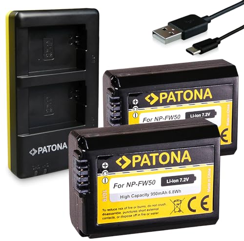 PATONA Akku 2X NP-FW50 (echte 950mAh) mit USB Dual Ladegegerät 1964 kompatibel mit Sony ZV-E10 ILCE Alpha 5100 6000 6100 6300 6500 / A55 A33 A35 A37 / 7 7II 7S / NEX/DSC RX10 usw. von PATONA