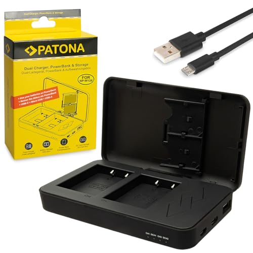 PATONA Dual Ladegerät mit Powerbank Funktion und Speicherkarten Aufbewahrung Kompatibel mit Fuji Fujifilm NP-W126S Akkus von PATONA