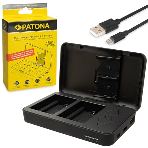 PATONA Dual Ladegerät mit Powerbank Funktion und Speicherkarten Aufbewahrung Kompatibel mit Fuji NP-W235 Akkus von PATONA