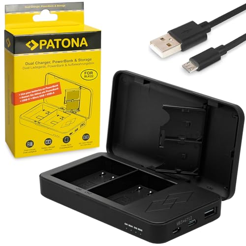 PATONA Dual Ladegerät mit Powerbank Funktion und Speicherkarten Aufbewahrung Kompatibel mit Panasonic DMW-BLK22 Akkus von PATONA