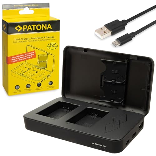 PATONA Dual Ladegerät mit Powerbank Funktion und Speicherkarten Aufbewahrung Kompatibel mit Sony NP-FW50 Akkus von PATONA