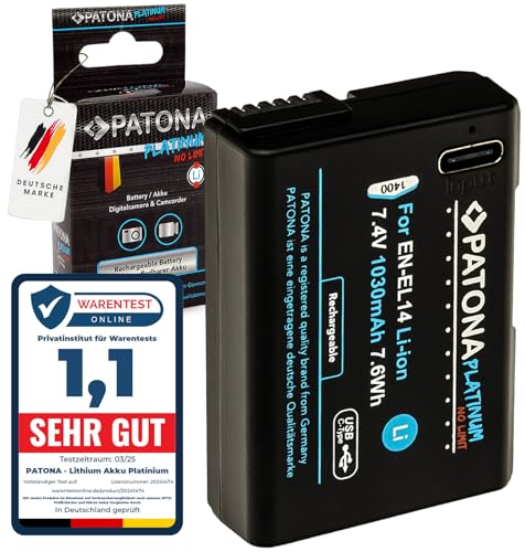 PATONA Platinum EN-EL14 Akku 1030mAh USB-C Input Ersatzakku kompatibel mit Nikon Coolpix P7000 P7100 P7700 P7800 D3100 D3200 D3300 D3400 D3500 D5100 D5200 D5300 D5500 D5600 Df ENEL14 EN EL14 EN-EL14a PATONA Platinum EN-EL14 Akku 1030mAh USB-C Input Ersatzakku kompatibel mit Nikon Coolpix P7000 P7100 P7700 P7800 D3100 D3200 D3300 D3400 D3500 D5100 D5200 D5300 D5500 D5600 Df ENEL14 EN EL14 EN-EL14a von PATONA