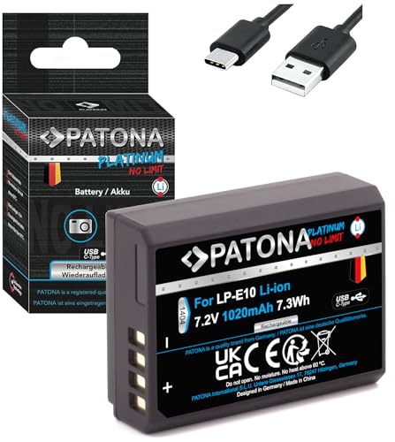 PATONA Platinum LP-E10 USB Akku 1020mAh mit direktem USB-C Eingang (1404) EOS 1100D 1200D 1300D 2000D 4000D von PATONA