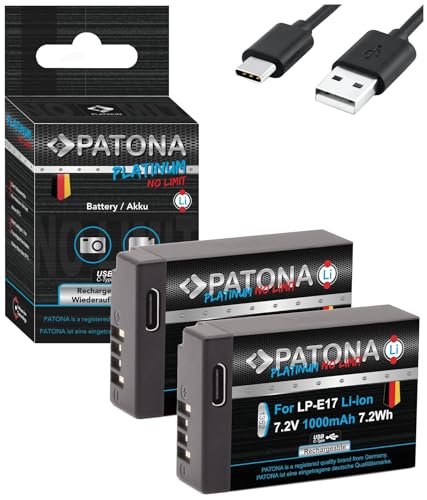 PATONA Platinum LP-E17 USB Akkus (2X 1000 mAh) mit direkt USB Eingang - Kompatibel mit Canon EOS RP R10 R100 77D 200D 250D 750D 760D 800D von PATONA