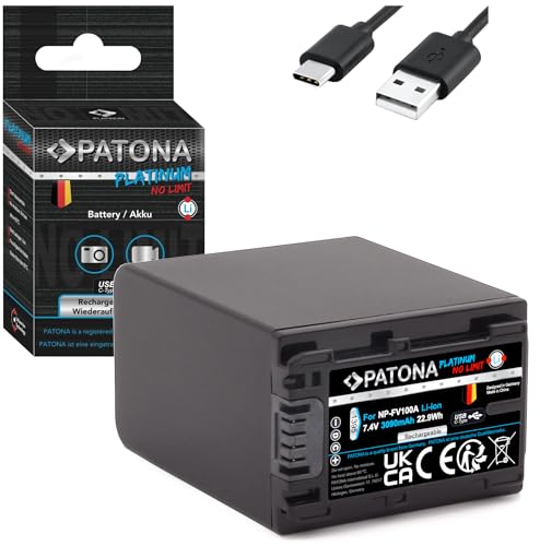 PATONA Platinum NP-FV100A NP-FV100 USB-C Akku 3090mAh, mit direktem USB Eingang (1395), ohne Verwendungseinschränkung HDR CX625 CX730 CX250 PJ810 FDR AX53 AX33 AX100 usw. von PATONA