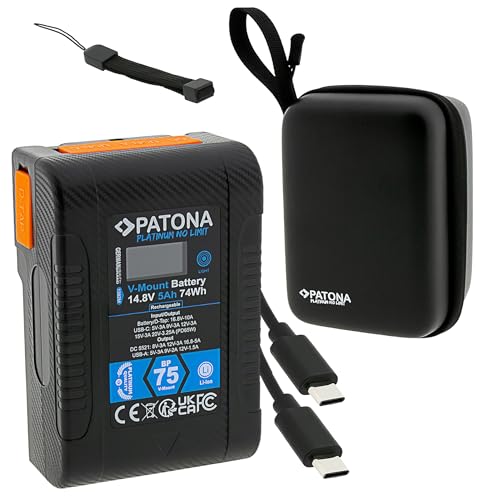PATONA Platinum V-Mount Akku BP-75W 74Wh 5000mAh Li-Ion mit USB-C PD65W, USB-A, D-Tap, DC-Out, Display, inkl. Hardcase & USB-C Kabel – für Kamera, Monitor, Laptop, Smartphone – leicht & kompakt PATONA Platinum V-Mount Akku BP-75W 74Wh 5000mAh Li-Ion mit USB-C PD65W, USB-A, D-Tap, DC-Out, Display, inkl. Hardcase & USB-C Kabel – für Kamera, Monitor, Laptop, Smartphone – leicht & kompakt von PATONA