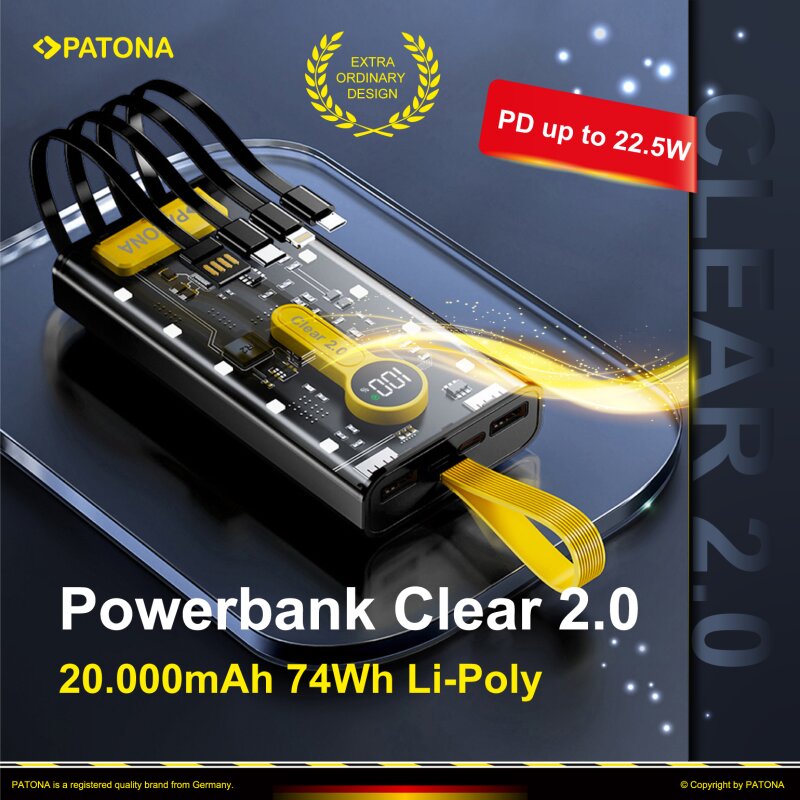 PATONA Powerbank Clear 2.0 20Ah 4 integrierte Ladekabel von PATONA