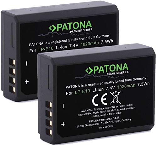 PATONA Premium LP-E10 Akku 2X (echte 1020mAh) Infochip - Voll kompatibel mit Canon EOS 1100D 1200D 1300D 2000D 4000D von PATONA