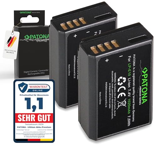 PATONA 2X Premium Akku LP-E10, 1020mAh, Ersatz für Canon LPE10 LP E10 Kompatibel mit Canon EOS 1100D 1200D 1300D 2000D 4000D Rebel T3 T5 T6 T9 EOS Kiss X50 X70 X80 1D X Mark II von PATONA