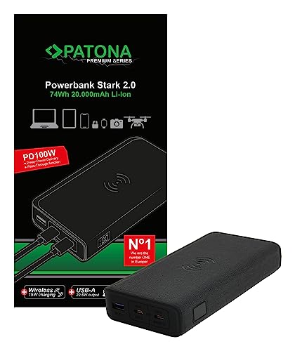 PATONA Premium Powerbank Stark 2.0 PD100W 20000mAh LED Anzeige QI kabelloses Laden USB-C USB-A Port für Smartphone Laptop Tablet Smartwatche Kamera Drohnen Ladegerät Akku Kabel PATONA Premium Powerbank Stark 2.0 PD100W 20000mAh LED Anzeige QI kabelloses Laden USB-C USB-A Port für Smartphone Laptop Tablet Smartwatche Kamera Drohnen Ladegerät Akku Kabel von PATONA