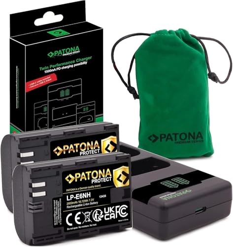 PATONA 2X Protect V1 Akku LP-E6NH 2600mAh mit Ladegerät PD Performance Kompatibel mit Canon EOS R5 R6 R6II R7 5D Mark II Mark III 6D 7D 60D 70D 80D 90D WFT-E5 WFT-E7 XC10 XC15 LPE6NH LP-E6 von PATONA