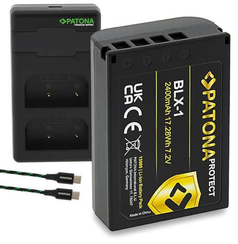PATONA Protect BLX-1 Akku 2400mAh mit USB-C Ladegerät PD Performance Kompatibel mit Olympus OM-1 OM1 OM-3 OM3 BLX1 BL-X1 BL X1 BLX 1 Ersatzakku hitzeresistent & feuerhemmend, mit NTC-Sensor von PATONA