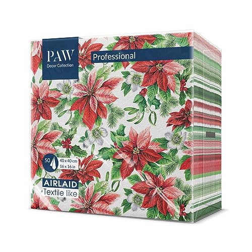 PAW - Airlaid Servietten (40 x 40 cm) I 50 Stück I Perfekt für Weihnachten, Winter, Feiertage I Heiligabend Tischdekoration I Airlaid-Servietten Stoffähnlich - Ruhm Weihnachtsstern I Glory Poinsettia von PAW Decor Collection