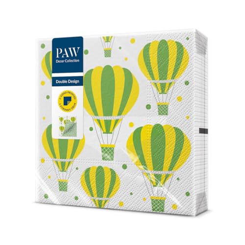 PAW - Doppelseitige Servietten 3-lagig (33 x 33 cm) I 20 Stück I Perfekt für Geburtstage, Partys, Hochzeiten, Kommunion, Feiern I Tischdeko Beidseitig Bedruckt - Boho Blumen Vogel I Striped Ballons von PAW Decor Collection