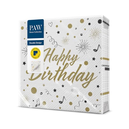 PAW - Doppelseitige Servietten 3-lagig (33 x 33 cm) I 20 Stück I Perfekt für Geburtstage, Partys Kinderpartys Feiern I Tischdeko Papierserviette Beidseitig Bedruckt - Happy Birthday I Party Invitation von PAW Decor Collection