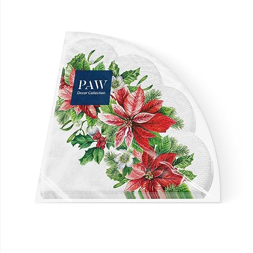 PAW - Servietten 3-lagig (32 cm Durchmesser) I 12 Stück I Perfekt für Weihnachten, Winter, Feiertage I Heiligabend Tischdekoration I Runde Seidenservietten - Ruhm Weihnachtsstern I Glory Poinsettia von PAW Decor Collection
