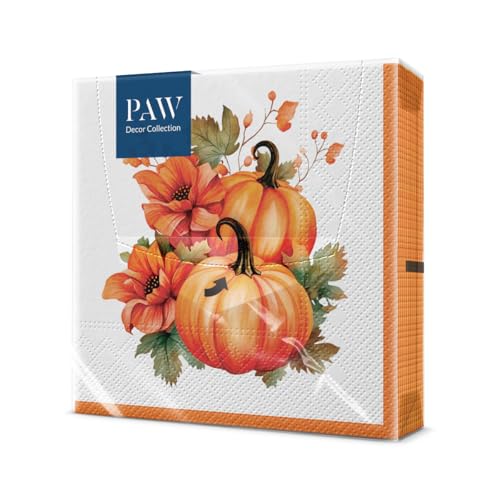 PAW - Servietten 3-lagig (33 x 33 cm) I 20 Stück I Perfekt für Geburtstag, Partys, Meetings I Herbst Tischdekoration I Bunte Papierservietten - Kürbis Blätter Bouquet I Pumpkin With Flowers von PAW Decor Collection