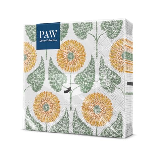 PAW - Servietten 3-lagig (33 x 33 cm) I 20 Stück I Perfekt für Geburtstag, Partys, Meetings I Herbst Tischdekoration I Bunte Papierservietten - Sonnenblumen Gelbe Blätter I Sunflowers Pattern von PAW Decor Collection