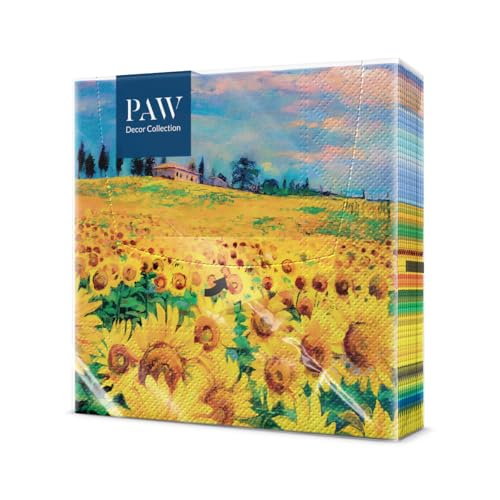 PAW - Servietten 3-lagig I 20 Stück I Perfekt für Geburtstag, Partys, Meetings I Herbst Tischdekoration I Bunte Papierservietten - Sonnenblumen Gelbe Blütenblätter I Painted Sunflowers von PAW Decor Collection