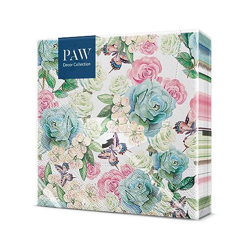 PAW - Servietten 3-lagig (33 x 33 cm) I 20 Stück I Perfekt für Geburtstage, Partys, Hochzeiten, Kommunion und Feiern I Papierservietten Bunt - Garten, Blumen I Farbe: Powder Garden von PAW Decor Collection