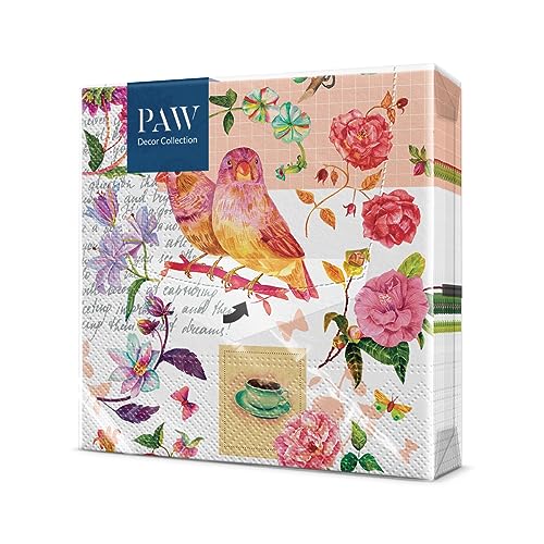 PAW - Servietten 3-lagig (33 x 33 cm) I 20 Stück I Perfekt für Geburtstage, Partys, Hochzeiten, Kommunion und Feiern I Papierservietten Bunt - Vögel, Blumen, Papageien I Farbe: Floral Poetry von PAW Decor Collection